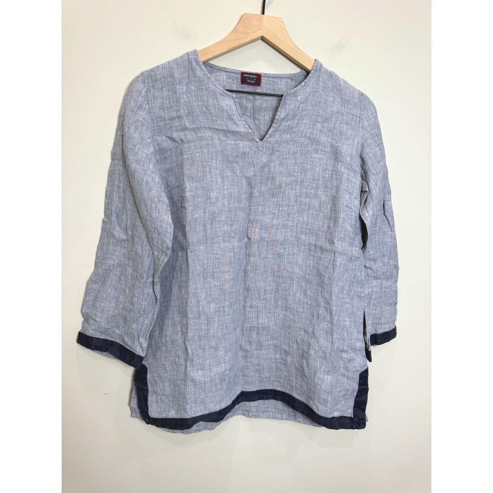 UNTUCKit 100% Linen Bella Donna Tunic Top 3/4 Sleeve Blue Coastal Womens 4 Light